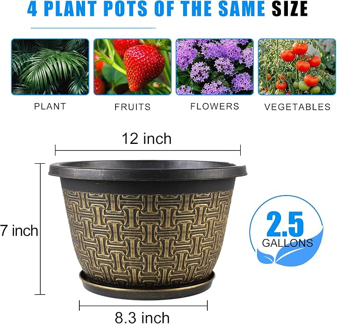 4 Pack 12 Inch Plant Pots, Large-Plant-Flower-Planters-Plastic, Flower Pots - Image 3