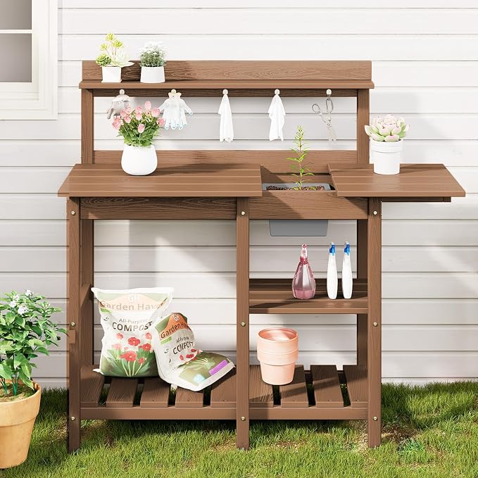 SERWALL Outdoor Potting Bench 2-Piece Set, Rot-Resistant HDPE Potting Table - Image 8