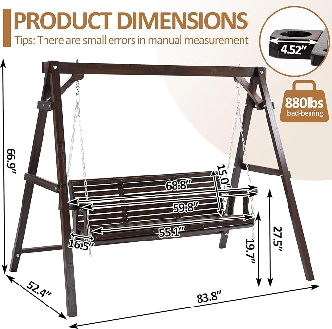 Finnhomy Heavy Duty 880 LBS Wooden Porch Swing Frame, Wooden Patio Swing Chair - Image 4