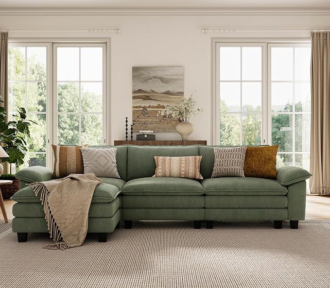 LINSY HOME 123'' Modular Sectional Sofa Green Couch Corduroy Cloud Couches - Image 8