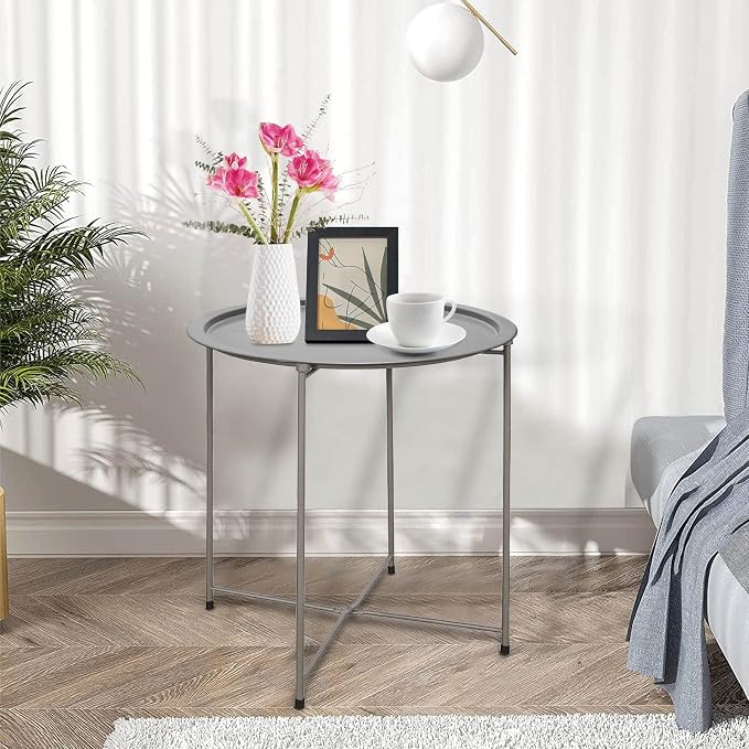 Garden 4 you End Table Metal Side Table Grey Round Folding Tray Cyan Sofa Small - Image 6