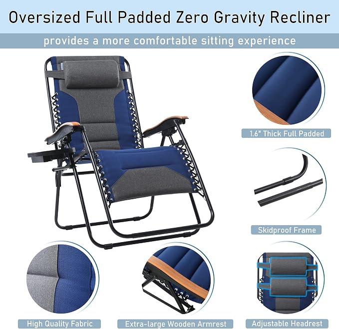 PHI VILLA XXL Oversized Padded Zero Gravity Chair Set of 2, Foldable Patio - Image 3