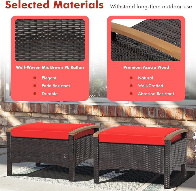 Tangkula 2 Piece Patio Rattan Ottomans, Outdoor Wicker Footstool w/Acacia Wood - Image 5