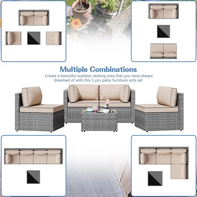 Shintenchi 5 Pieces Outdoor Patio Furniture Sets, Patio Sectional Sofa Couch - Image 4