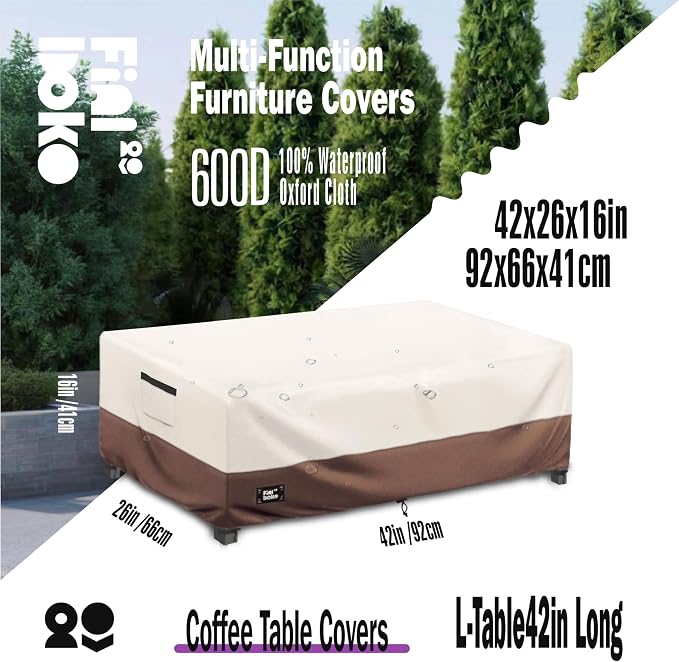 Patio Coffee Table Cover, 100% Waterproof 600D Heavy Duty Outdoor Table Cover - Image 2