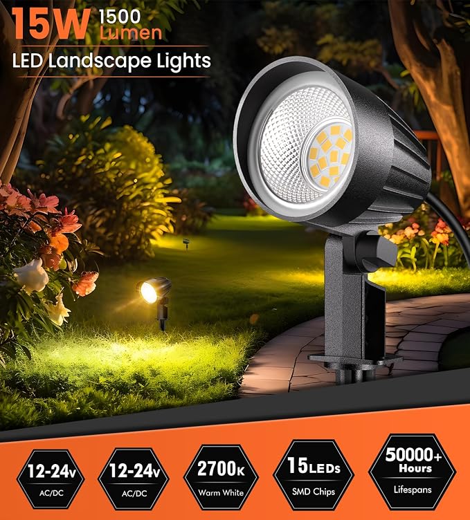 MEIKEE 15W 1500LM Low Voltage Landscape Lighting 12-24V Warm White LED - Image 2