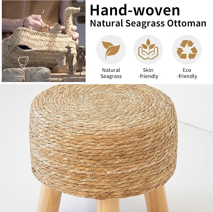 Round Ottoman Natural Seagrass Footstool, Round Footstool - Image 7
