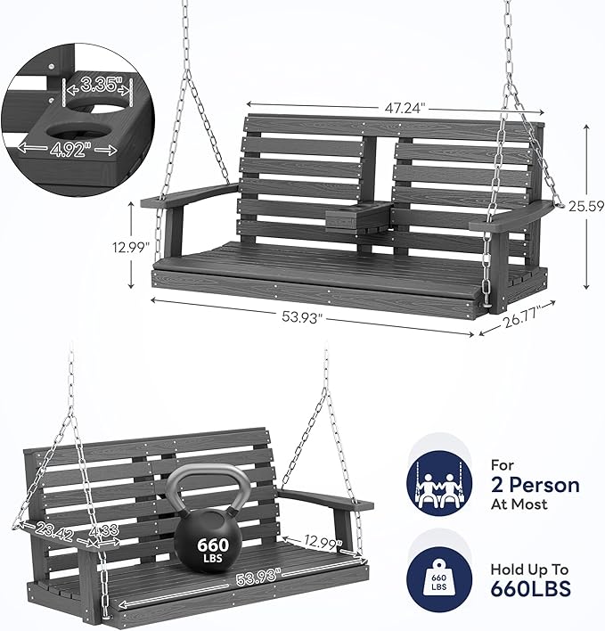 KINGYES Outdoor Hanging Patio Swing Chair Set of 2, 2 Seat Bench - Image 3