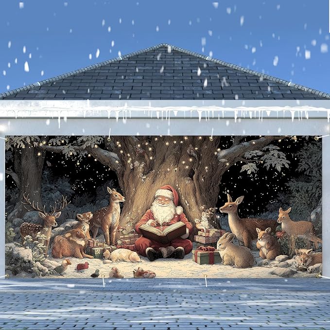 Santa Reading with Woodland Animals Garage Door Banner 6x13FT, Cozy Forest - Image 2