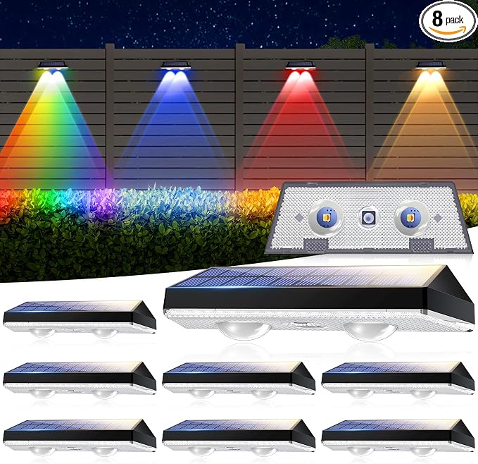 Solar Fence Lights Outdoor, Waterproof LED, RGB Color Mode 6 Solid Monochrome by FAXBOX