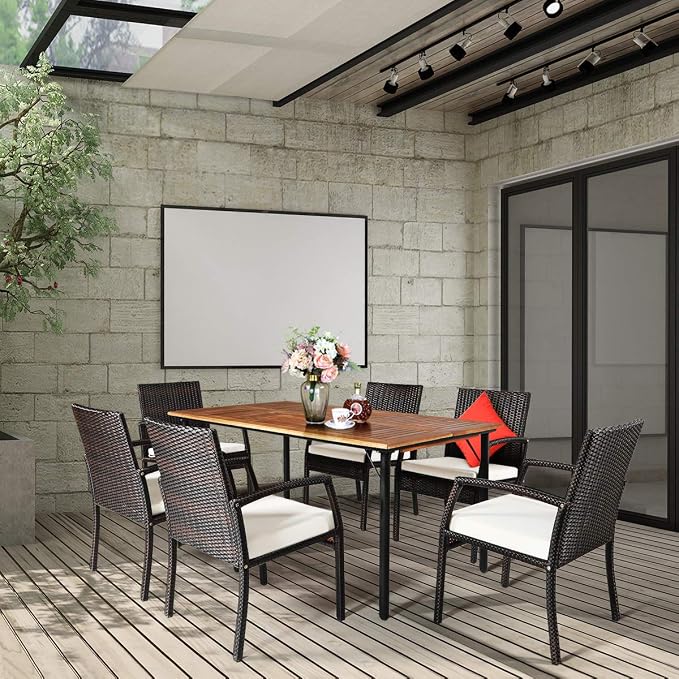 Tangkula 7 Pieces Patio Dining Set, Acacia Wood Wicker Dining Furniture Set - Image 3