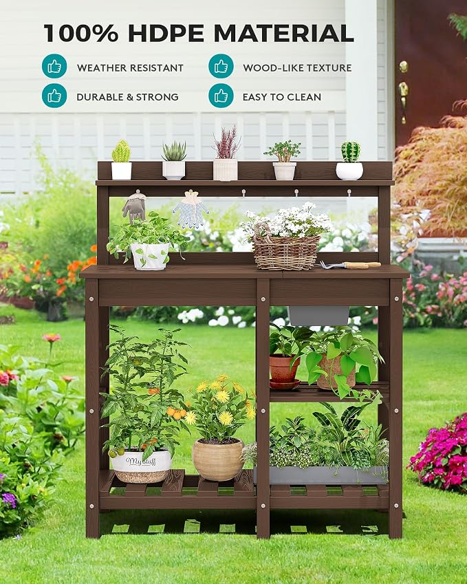 SERWALL Outdoor Potting Bench 2-Piece Set, Rot-Resistant HDPE Potting Table - Image 7