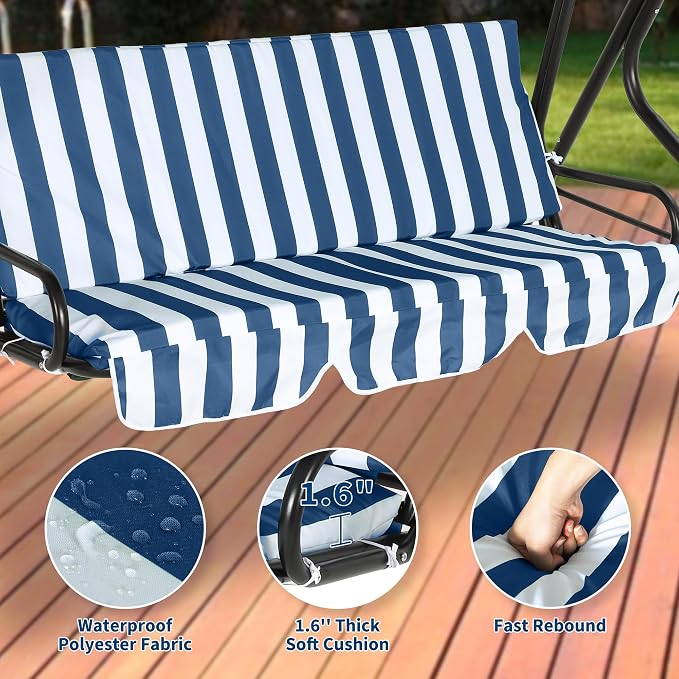 Outdoor Porch Swing Chair with Adjustable Canopy & Striped Seat Cushion - Image 5