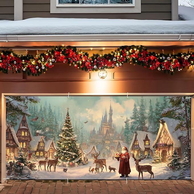 Christmas Village Scene Garage Door Decorations 6x13FT, Santa by ANNAQUEEN