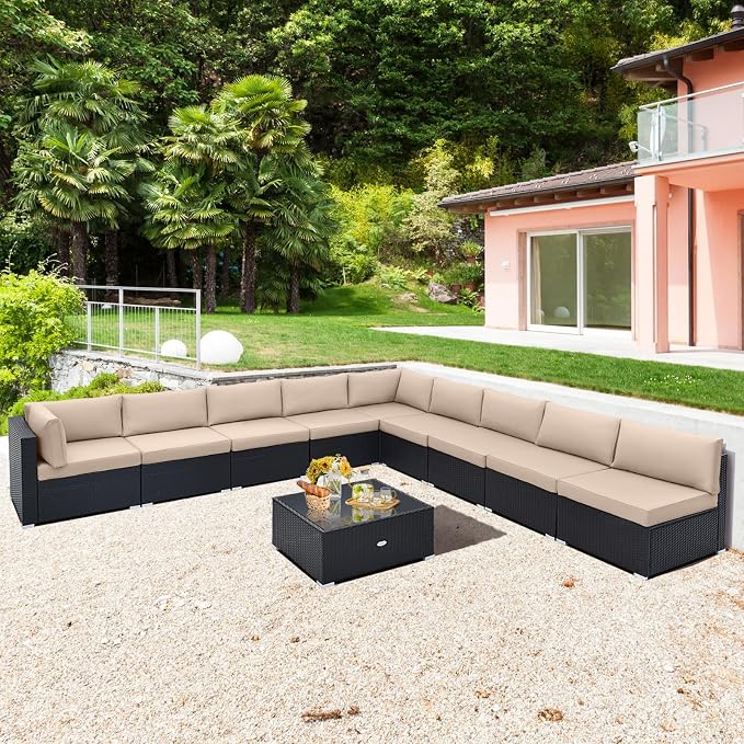 Tangkula 10 Pieces Patio Sofa Set, Outdoor Wicker Conversation Set - Image 4