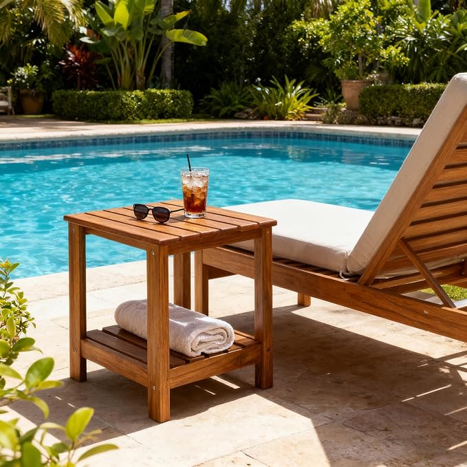 Utoplike Teak Side Table Outdoor, Patio End Table Double Layer, Wooden Coffee - Image 4