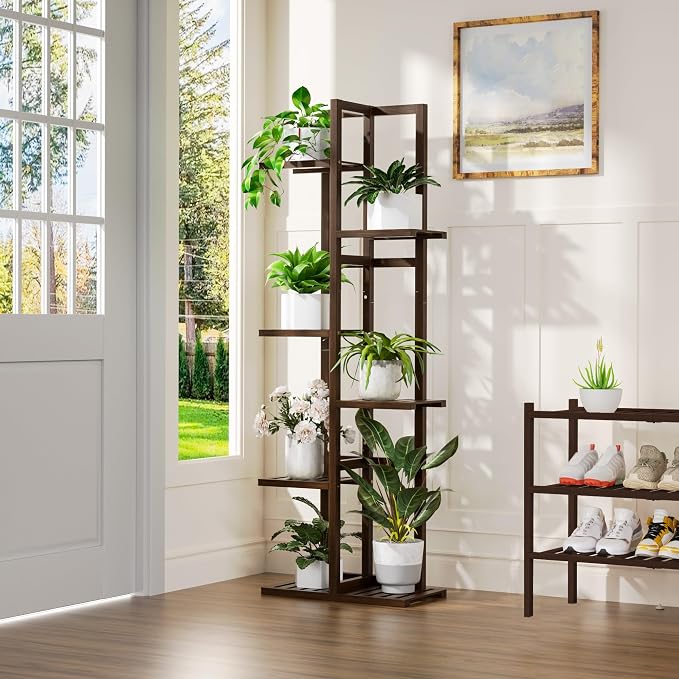 6 Tier Bamboo Plant Stand Indoor, Wood Tall Flower Holder Corner Tiered Plant - Image 2