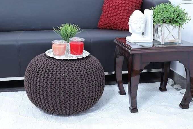 FRELISH DECOR Round Pouf Ottoman Hand Knitted 100% Cotton Pouf Foot Stool - Image 2