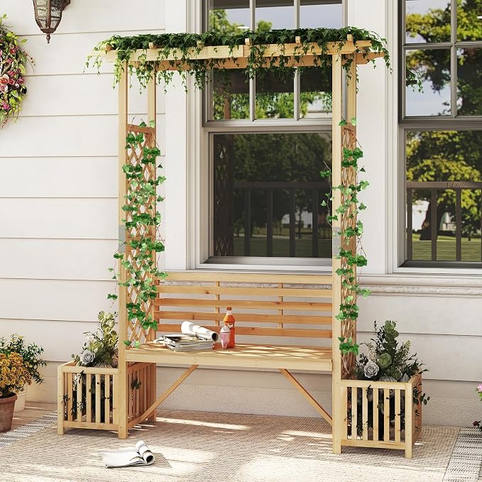 Giantex Outdoor Bench with Garden Arbor & 2 Planter Boxes, Wooden Trellis - Image 2