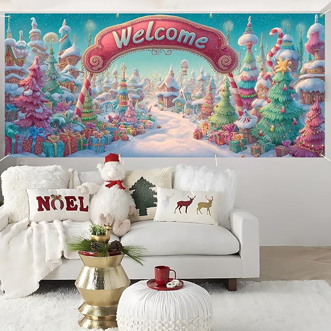 Welcome Christmas Town Garage Door Cover 6x13FT, Candy Land Style Winter - Image 5