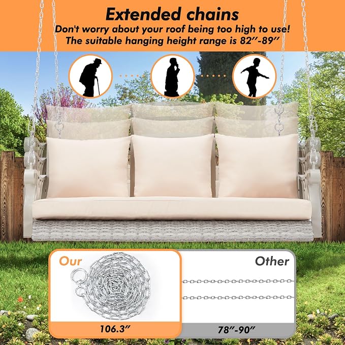 3-Person Wicker Porch Swing Chair Heavy Duty 900 LBS Outdoor Rattan Patio Swing - Image 5