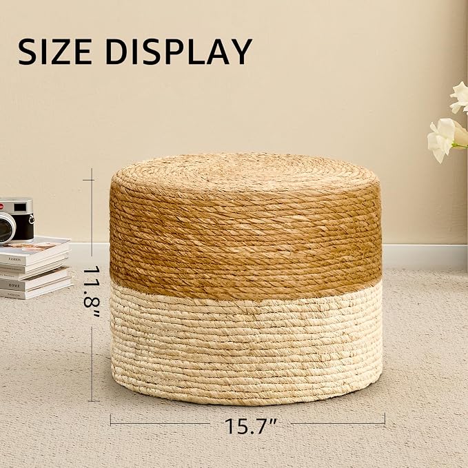 Wimarsbon Round Pouf Ottoman, Natural Hand Knitted Footrest Poof, Rustic Lounge - Image 3