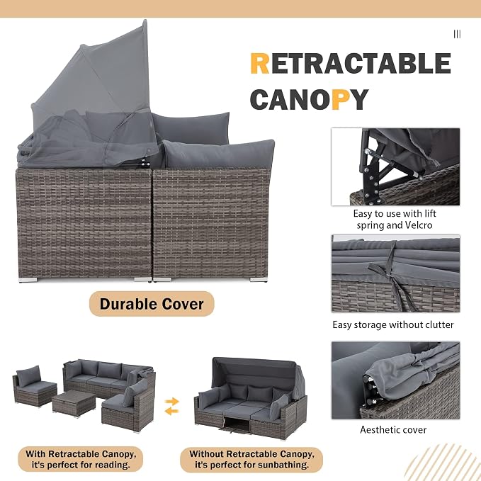 Vicluke 6 Pieces Patio Furniture Sets Outdoor Sectional Sofa Set Rattan Daybed - Image 5