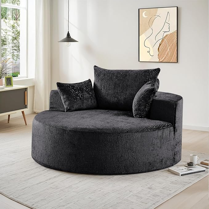 Oversized Round Chaise Longue Chair Indoor, Modern 55-inch Upholstered Chenille - Image 3