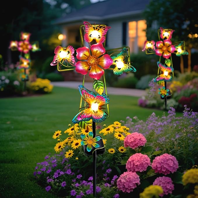 Solar Butterfly Cross Garden Stake Light, Metal Cross Cemetery Decorations - Image 6