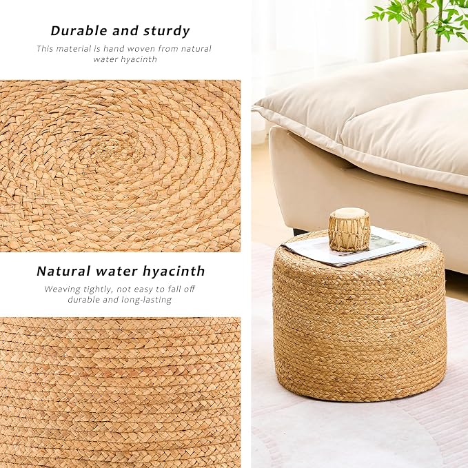 Handwoven Water Hyacinth Ottoman Pouf, Round Outdoor Footstool - Image 5