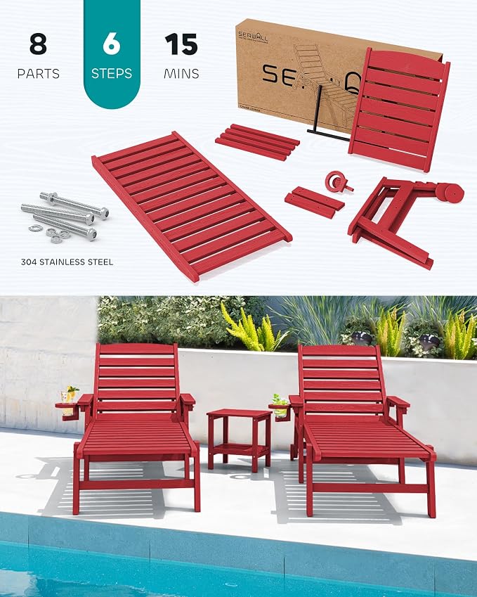 SERWALL Patio Chaise Lounge Chair Set of 2, Poly Lounge Chair - Image 6