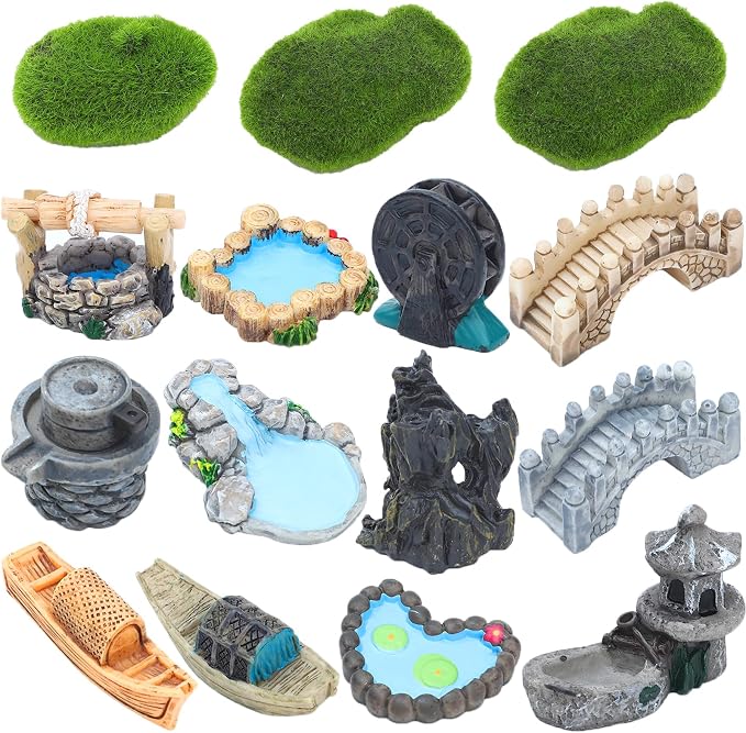 ONEST 15 Pieces Garden Miniature Accessories Mini Bridge Lighthouse Well Pond by OneMiniWorld