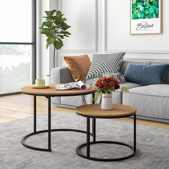 HOJINLINERO Round Coffee Table, Nesting Coffee Table Set of 2, Center Tables - Image 2