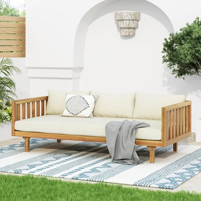 Merax Solid Acacia Wood Couch Chaise Lounge Chair Indoor, 3 Seater Daybed Sofa - Image 5