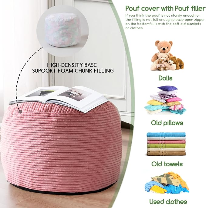 HIGOGOGO Round Stuffed Pouf Ottoman, Corduroy Poufs - Image 5