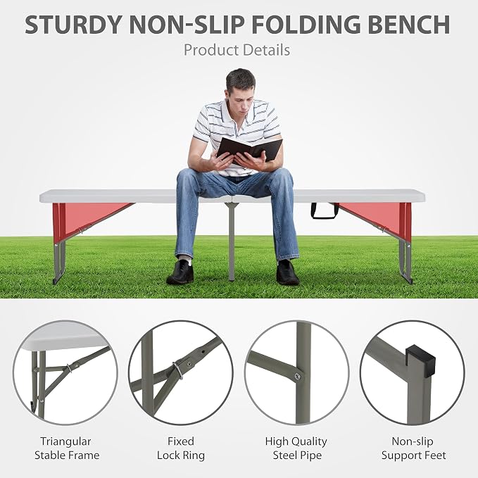 6ft Plastic Folding Bench with Carrying Handle & Lock, Portable Outdoor Bench - Image 5