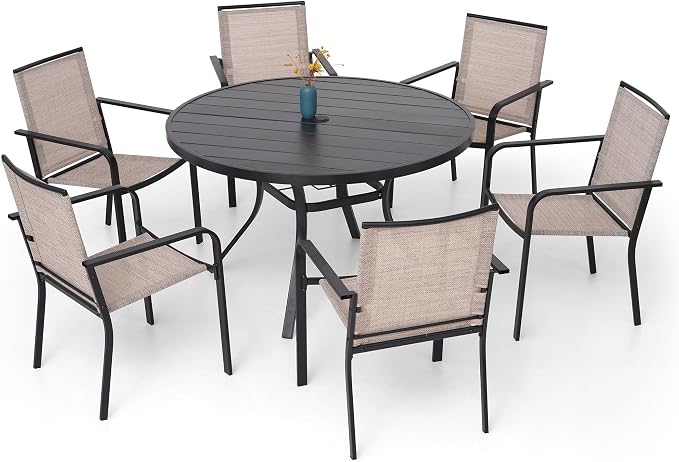 7-Piece Outdoor Dining Set, 6 Stackable Sling Chairs & 48'' Round Table by Anmutig