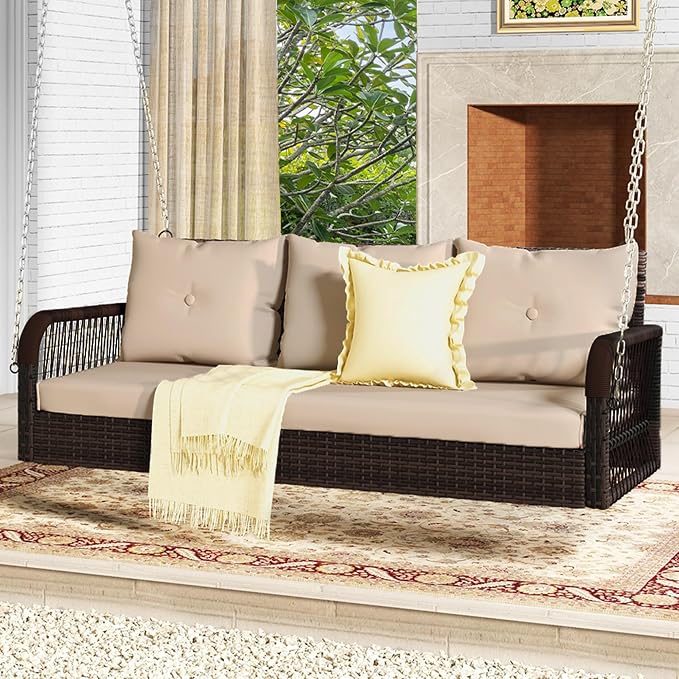 DWVO 3 Seats Porch Swing Hanging Bench Swing Outdoor Wicker Patio Swing Lounge - Image 5