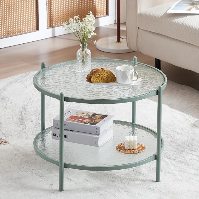 VINGLI 25.6" Small Light Bright Green Round Coffee Table Water-Wave Glass - Image 9