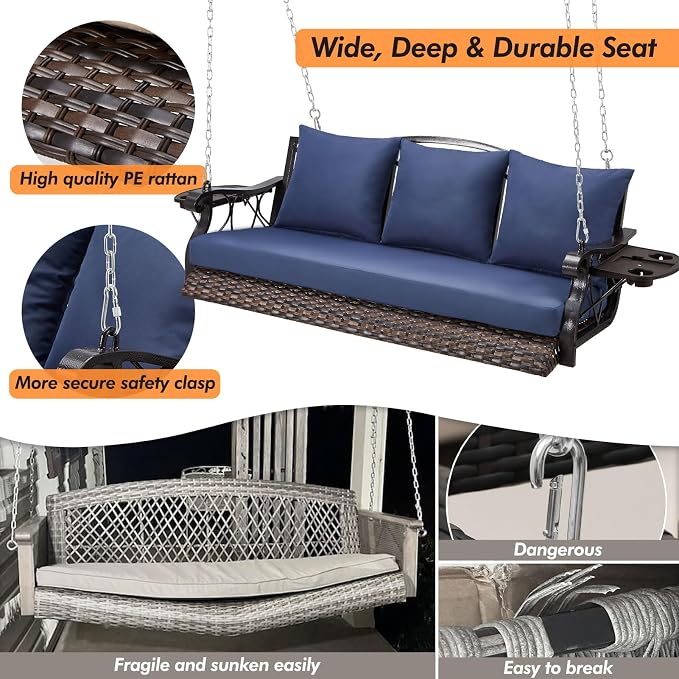3-Person Wicker Porch Swing Chair Heavy Duty 900 LBS Outdoor Rattan Patio Swing - Image 2
