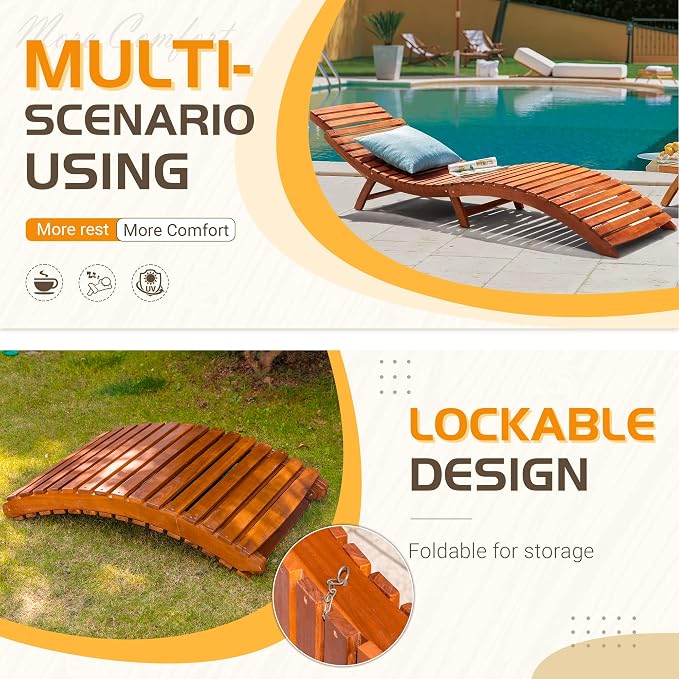 Greesum Wood Folding Chaise Lounge Chair, Weatherproof Extended Sun Lounger - Image 6