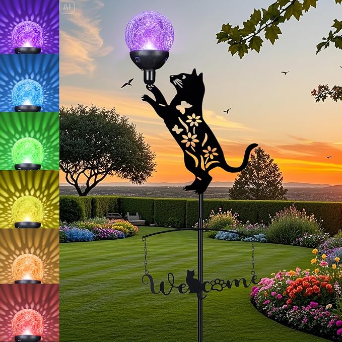 Cat Solar Lights Outdoor Garden Decor, 40” Black Cat Stake by GIBMIDSER