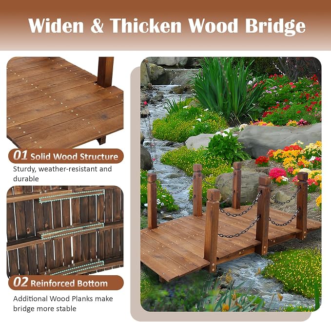 5 FT & 3.3 FT Wooden Garden Bridge, Stained Wood Arc Footbridge - Image 4