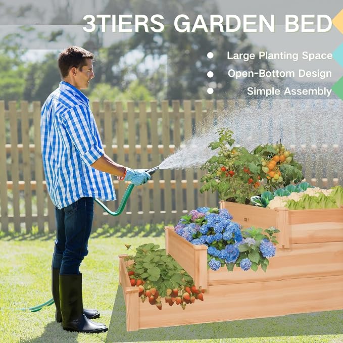3-Tier Raised Garden Bed with Fabric Liner, Wood Elevated Planter Box with - Image 2