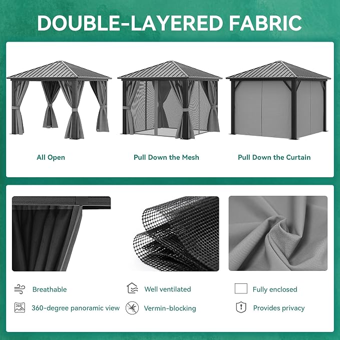 YITAHOME 10X10FT Metal Hardtop Gazebo Outdoor Patio Single Top Canopy - Image 4