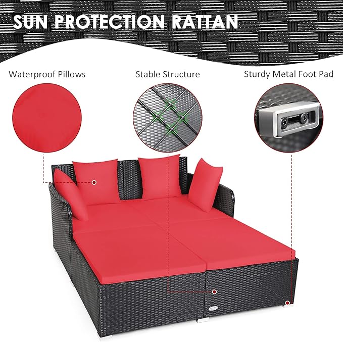 COSTWAY Outdoor Patio Rattan Daybed, Sponge Cushioned Loveseat Sofa - Image 7