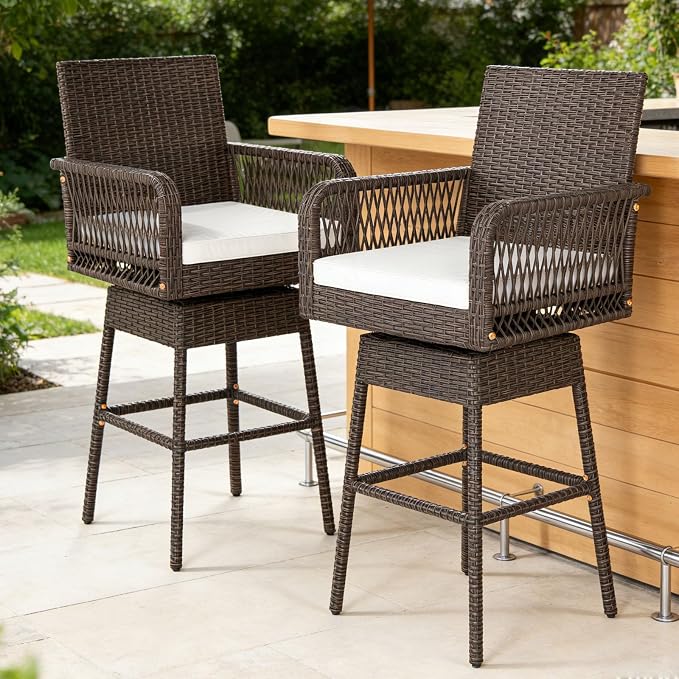 COSTWAY Outdoor Wicker Bar Stools Set of 2, Armrest and Backrest, Patio Bar by COSTWAY