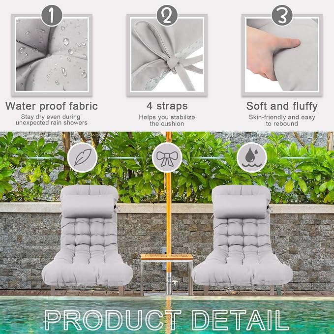 Tudomro 2 Pcs Light Gray 66'' Outdoor Chaise Lounge Cushion Waterproof Patio - Image 4