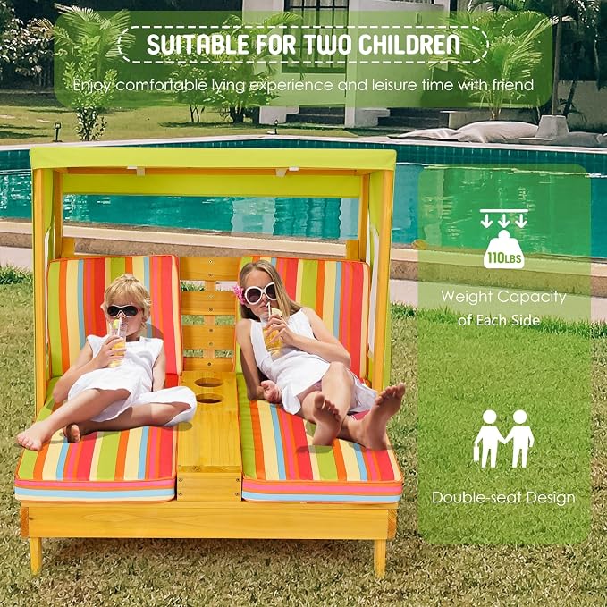 Costzon Kids Lounge Chair Outdoor, Wood Double Seat Chaise Lounge - Image 2