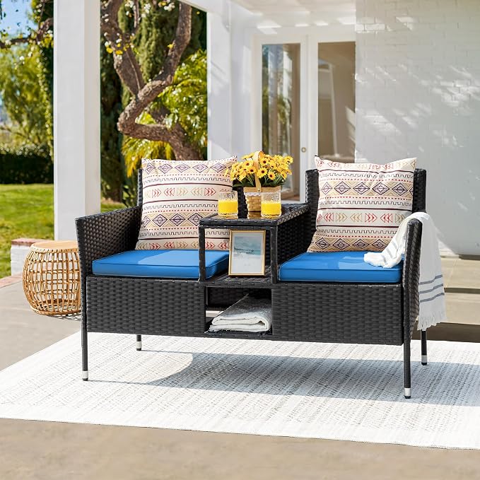 Devoko Outdoor Patio Loveseat Modern Rattan 2-Seat Patio Conversation Set - Image 2